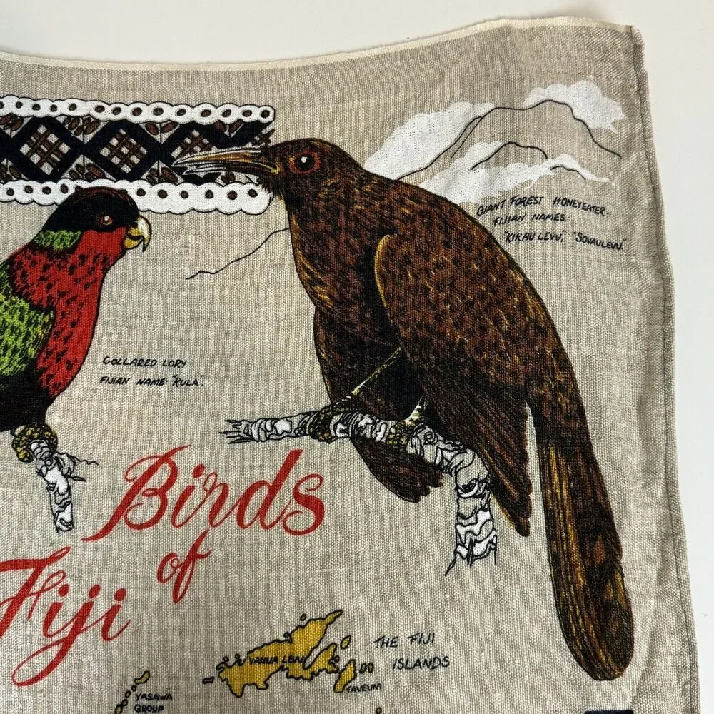 Vintage Linen Birds Of Fiji Travel Souvenir Tea Towel